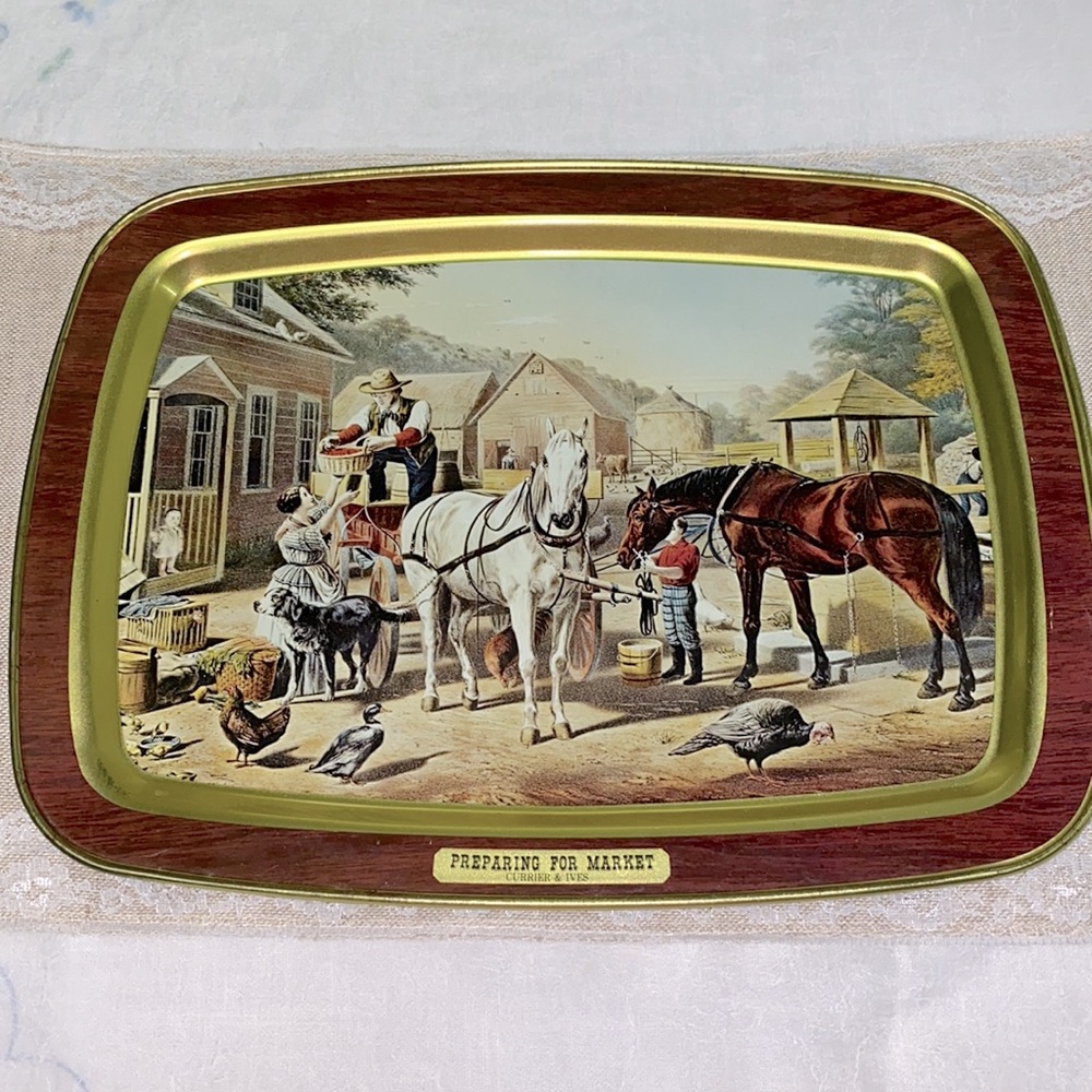 VTG Currier & Ives tray "Preparing for Market"